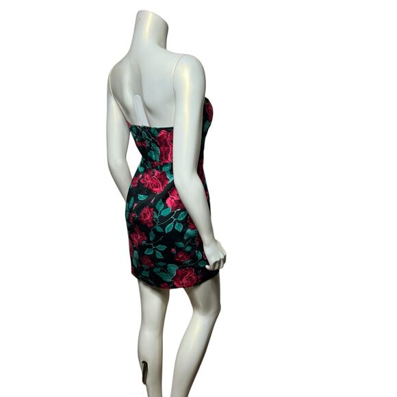 Vintage 90s Strapless Mini Dress Size L/10 - Vibrant Rose Floral Print Black - Picture 11 of 12
